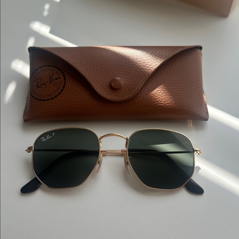 Ray-Ban polarized Gold Frame Hexagonal Sunglasses with Dark Lenses